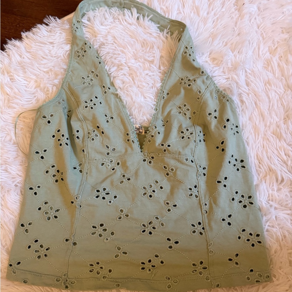 Free People Light Sage Eyelet Halter Cami
